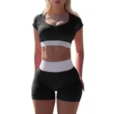 Fitness Women's Sexy Color Contrast U-Neck Short-Sleeved Crop Yoga Top Shorts Two-Piece Set