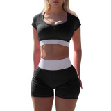 Fitness Women's Sexy Color Contrast U-Neck Short-Sleeved Crop Yoga Top Shorts Two-Piece Set