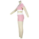 Fitness Women's Sexy Color Contrast U-Neck Short-Sleeved Crop Yoga Top Shorts Two-Piece Set