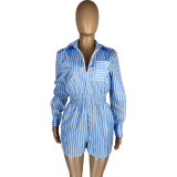 Damen-Overall mit Streifen, Taschen, Umlegekragen und Reißverschluss, langärmlig, kurz