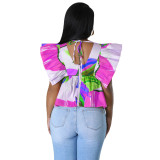 Women's V-Neck Low Back Tie Fly Sleeve Printed Top