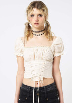 Solid Color Lace-Upshort Sleeve Shirt