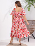 Summer Plus Size Women's Square Neck Short Sleeve Casual Trendy Floral Dress