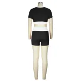 Fitness Women's Sexy Color Contrast U-Neck Short-Sleeved Crop Yoga Top Shorts Two-Piece Set