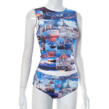 Women's Summer Sexy Urban Photography Print Sleeveless Beach Tank Top Shorts Two Piece Set