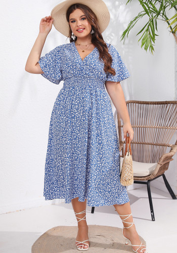 Women's Summer Plus Size Short Sleeve V-Neck Slim Waist Print Dress