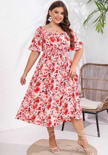 Verão plus size feminino decote quadrado manga curta vestido casual floral moderno