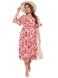 Summer Plus Size Women's Square Neck Short Sleeve Casual Trendy Floral Dress