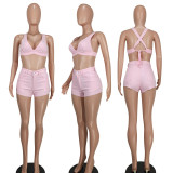 Ladies Fashion Sexy Solid Color Denim Two-Piece Shorts Set