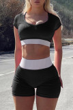 Fitness Women's Sexy Color Contrast U-Neck Short-Sleeved Crop Yoga Top Shorts Two-Piece Set