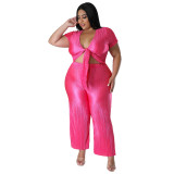 Plus Size Women Stretch Lace-Up Top and Pleated Wide-Leg Pants Two-Piece Set