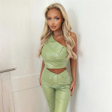 Women summer Slash Shoulder one shoulder Tank Top and straight trousers pu Leather two-piece set