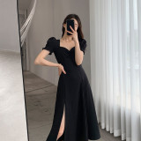 Women Summer French Style Puff Sleeve Square Neck Slit Long Dress