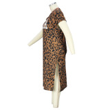 Plus Size Women Leopard Print Round Neck Slit Dress