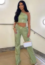 Women summer Slash Shoulder one shoulder Tank Top and straight trousers pu Leather two-piece set