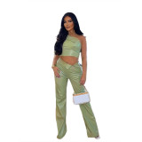 Women summer Slash Shoulder one shoulder Tank Top and straight trousers pu Leather two-piece set