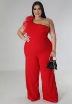 Plus Size Ladies One Shoulder Mesh Wide Leg Pants