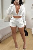 Women's Spring Summer Fashion Solid Color Long Sleeve Pocket Pullover White Shorts Set