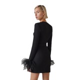 Feather Long Sleeve Bandage Dress Women's Skirt Slim Fit Dress Premium Style