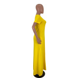 Ladies Solid Color V Neck Loose Pocket Dress