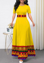 Round Neck High Waist Contrast Color Plus Size Patchwork Swing Dress