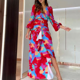 Spring women's retro printed deep v slit slim-fit long dress