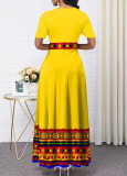 Round Neck High Waist Contrast Color Plus Size Patchwork Swing Dress