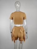 Casual Women's Short Sleeve Tank Top Drawstring Tassel Shorts Two-Piece Set