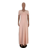 Ladies Solid Color V Neck Loose Pocket Dress