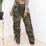 Trendy women's side camouflage fringe large pocket button cotton camouflage trousers