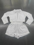 Conjunto de pantalones cortos blancos con bolsillo de manga larga de color sólido a la moda de primavera y verano para mujer