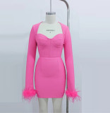 Feather Long Sleeve Bandage Dress Women's Skirt Slim Fit Dress Premium Style