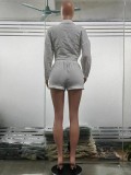 Dames Lente Zomer Mode Effen Kleur Lange Mouwen Pocket Pullover Witte Shorts Set