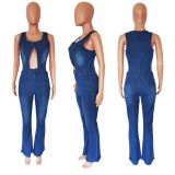 Sexy Fashion Slim Fit Sleeveless Hollow Out Denim Jumpsuit