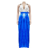 Women's Fashion Printed Sleeveless V-Neck Belted Maxi Dress For Women