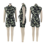 Women's Summer Overall Cargo Shorts Sleeveless Sexy Camouflage Cutout Turndown Collar Slim Fit Jumpsuit