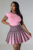 Fashion Print Round Neck Short Sleeve Pleated Two-Piece Skirt Set Female