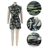 Women's Summer Overall Cargo Shorts Sleeveless Sexy Camouflage Cutout Turndown Collar Slim Fit Jumpsuit