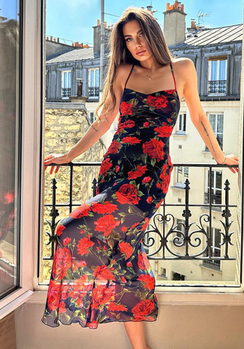 Bloemenjurk met bedrukte band Lente en zomer Sexy stijl lange jurk voor dames