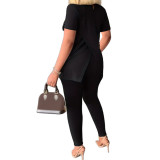 Women's High Collar Slit Hem Solid Color Short Sleeve Two Piece Pants Set