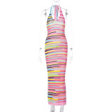 Women's Summer Print Tie Halter V-Neck Low Back Knitting Dress