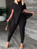 Women's High Collar Slit Hem Solid Color Short Sleeve Two Piece Pants Set