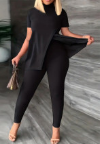Женский комплект из двух частей брюк с высоким воротником и разрезом, сплошной цвет, с коротким рукавом