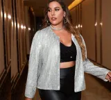 Plus Size Women Solid Sequin Round Neck Long Sleeve Jacket
