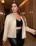 Plus Size Women Solid Sequin Round Neck Long Sleeve Jacket