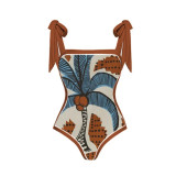 Women French Vintage Print One Piece swimwear Holidays Beach Dress