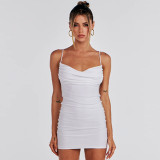 Women Summer Sexy Backless Ruched Tie Bodycon Dress