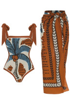 Women French Vintage Print One Piece swimwear Holidays Beach Dress
