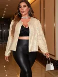 Plus Size Women Solid Sequin Round Neck Long Sleeve Jacket