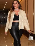 Plus Size Women Solid Sequin Round Neck Long Sleeve Jacket